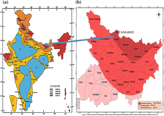 a Map showing Seismic Zones of India (IS 1893-1, 2002). b Seismic Zone Map of the Bihar region situated in zone V [Bihar State Disaster Management Authority (BSDMA)]