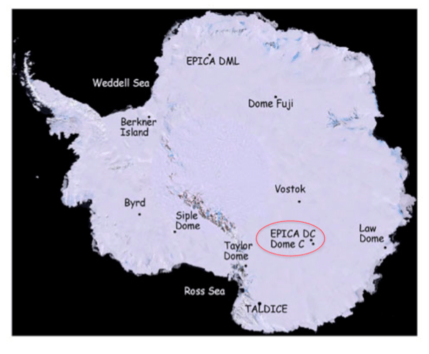Carte de l'Antarctique. Le site EPICA Dome C est entouré en rouge ...