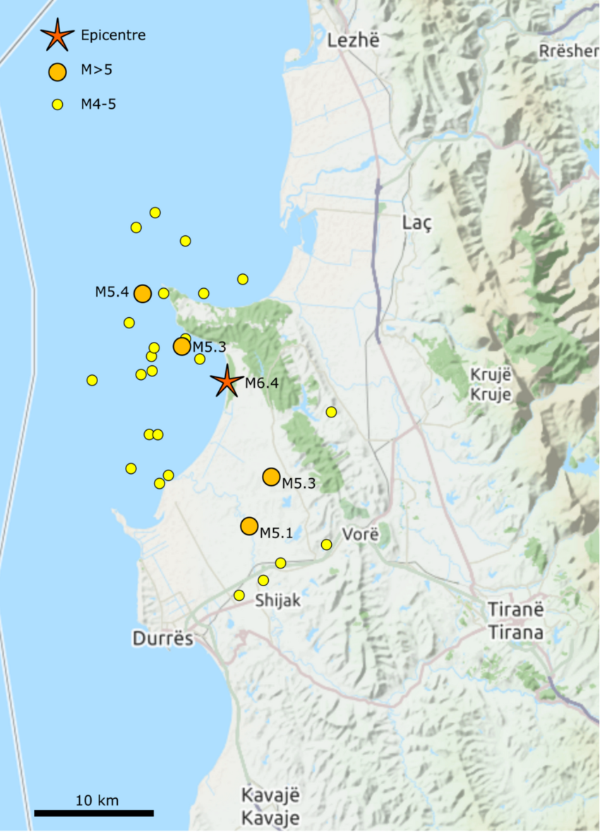 Location of epicentre and aftershocks within the first twenty days ...