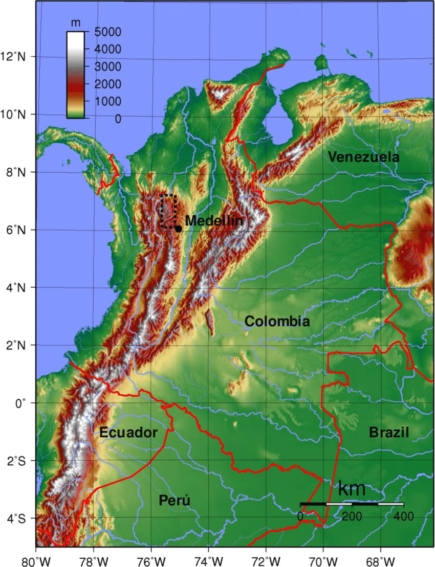 Location of Colombia in South America, with Medellin in the Andes ...