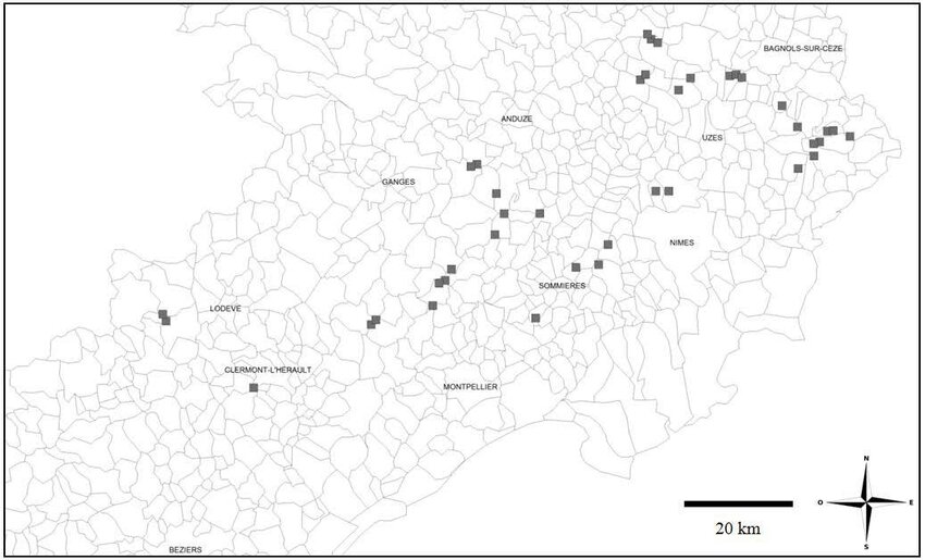 répartition géographique des 40 parcelles de yeuseraies prospectées dans le languedoc-Roussillon. 