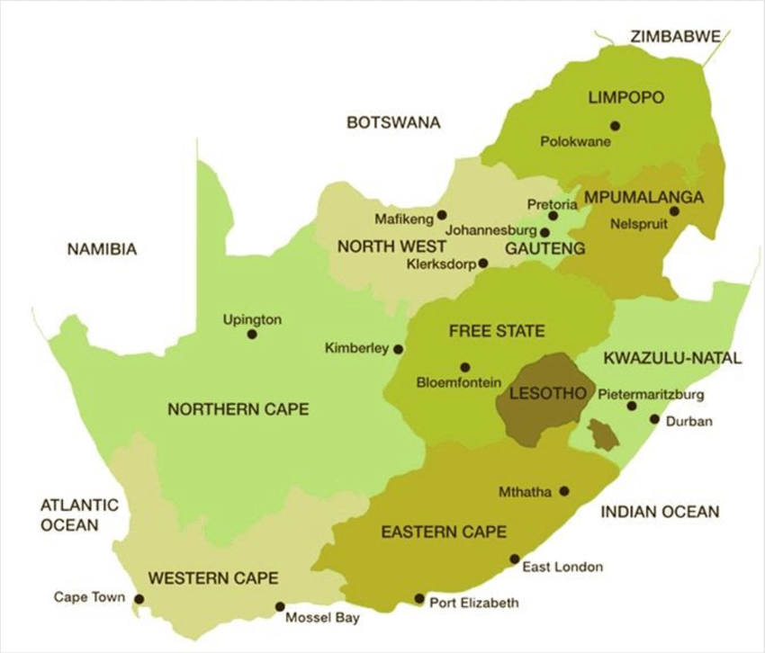 Map of South Africa showing the nine provinces. The study region lies