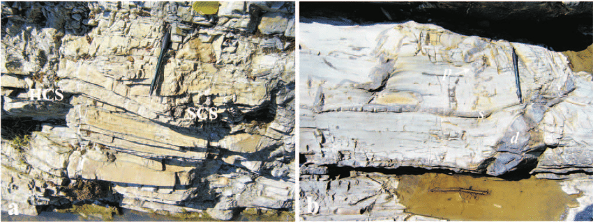 a-Hummocky-and swaley-like cross-stratification (HCS and SCS, respectively) in bituminous marls at the Nechit River 2 Section. b-Dyke (d), sill (s) and ptygmatic structures (p) within the Bituminous Marls in the Nechit River 2 Section.