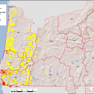 Map of Oregon FPUs showing wildland fire hazard results from the FSim ...