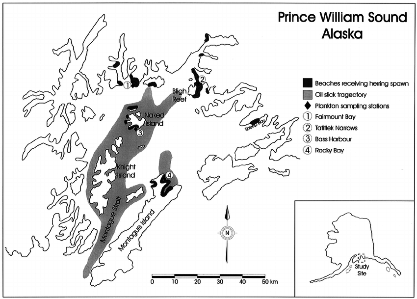 Map Of Prince William Sound Alaska Showing The Southwesterly Trajectory Of The Exxon 