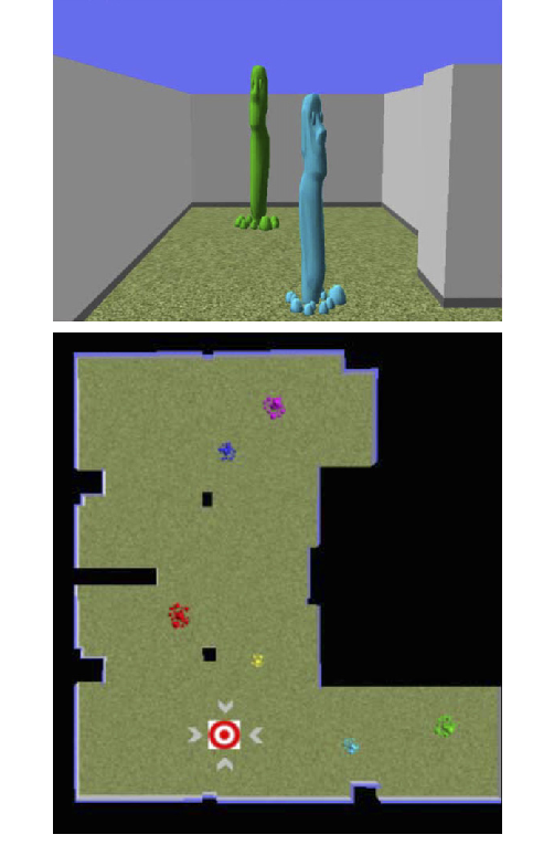 The virtual environment. The top panel shows a first-person view of one end of the environment. The bottom panel shows a top-down view of the environment. The starting position is the red and white bull's-eye and the two black rectangles represent support columns that were present in the real and virtual environments.  
