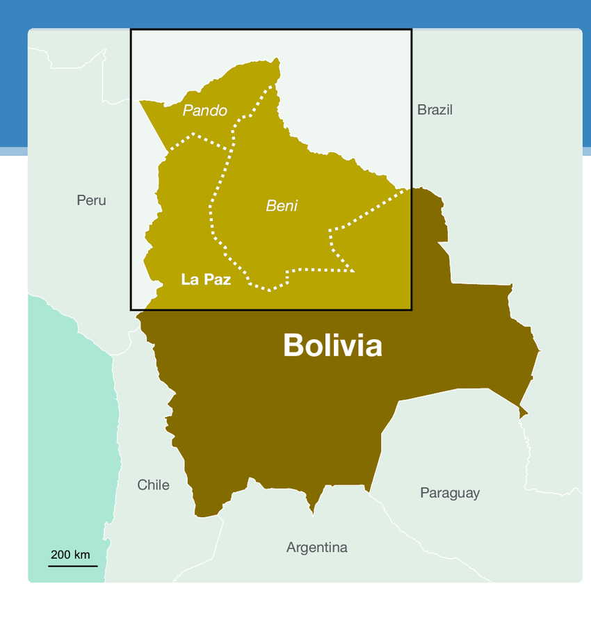Map of Bolivia and location of Pando and Beni Departments | Download ...