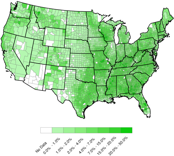 2007 U.S. county forestion coverage (Percent). County forest coverage ...