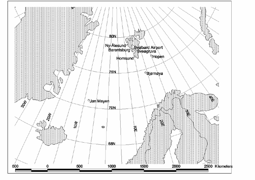 Location of currrent manual weather stations in the Norwegian Arctic (Bjørnøya [Elevation: 16 m a.s.l., Start: 1920]), Hopen [6, 1944], Hornsund (Polish) [10,1978], Sveagruva [9, 1978]), Barentsburg (Russian)[x,1933], Svalbard Airport [28, 1975], Ny- Ålesund [8, 1974], Jan Mayen [10, 1921]). 