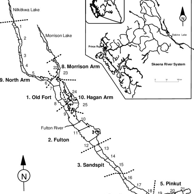 Map Of Babine Lake Showing Acoustic Transects And Trawl Sections Sections 1 To 5 Q640 