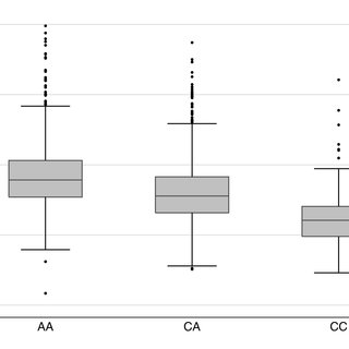 Figure 1.  Boxplot of vitamin D binding protein levels by rs2282679 genotype.
rs2282679 has three genotypes, i.e., AA, AC, and CC. Homozygous carriers of the major allele (AA) comprised 51.4% of the population, heterozygous carriers (AC) comprised 39.6%, and homozygous carriers of the minor allele (CC) comprised 9.0%. Individuals carrying the effect allele, C, had lower DBP levels than those with the more common allele (AA: 384.6 mg/l [SD 48.3], n = 1,159; CA: 360.7 mg/l [SD 45.9], n = 893; CC: 322.9 mg/l [SD 39.1], n = 202). The effect allele showed an inverse linear relationship with DBP levels.