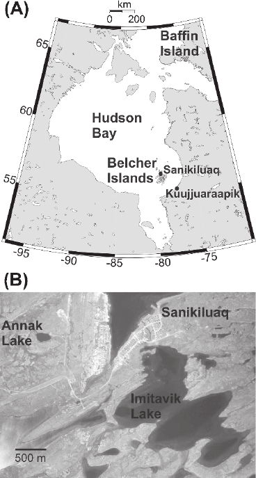 (A) Map showing location of the Belcher Islands in southeastern Hudson Bay, Nunavut, Canada. (B) Air photograph showing the hamlet of Sanikiluaq and the locations of Annak and Imitavik lakes. Air photograph reproduced under license from Her Majesty the Queen in Right of Canada, with permission of Natural Resources Canada. 