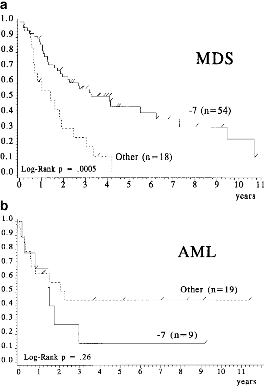 Survival in −7 alone vs other chromosome 7 abnormalities . (a) MDS; (b) AML.  