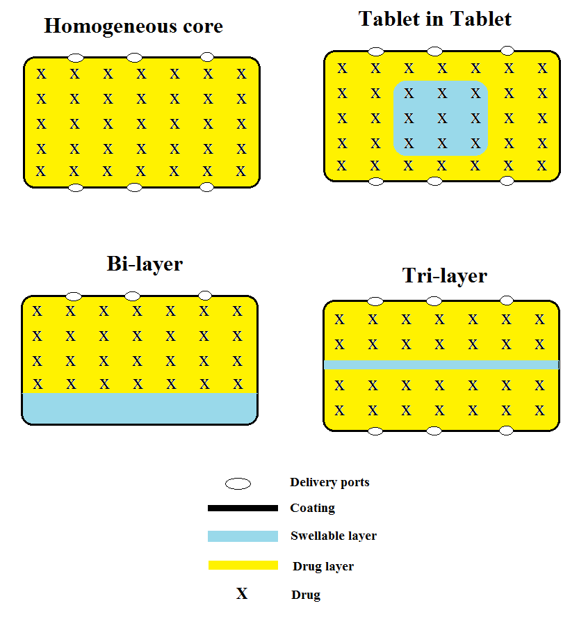 Schematic diagrams of four SCT formulations: Homogeneous core (single), tablet in tablet (TNT), bi-layer and tri-layer core tablets 