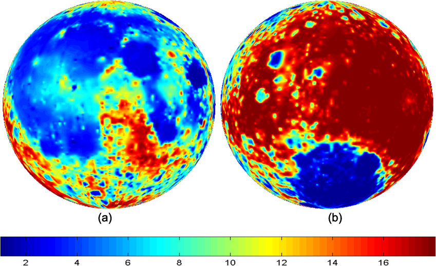 Global distribution of regolith layer thickness (m) constructed from lunar surface DEM: (a) nearside, (b) farside.