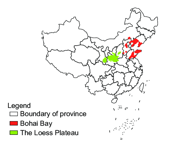 Major apple production regions in China (the central area indicates the Loess Plateau region and the northeast area indicates Bohai Bay region, MOA 2008).