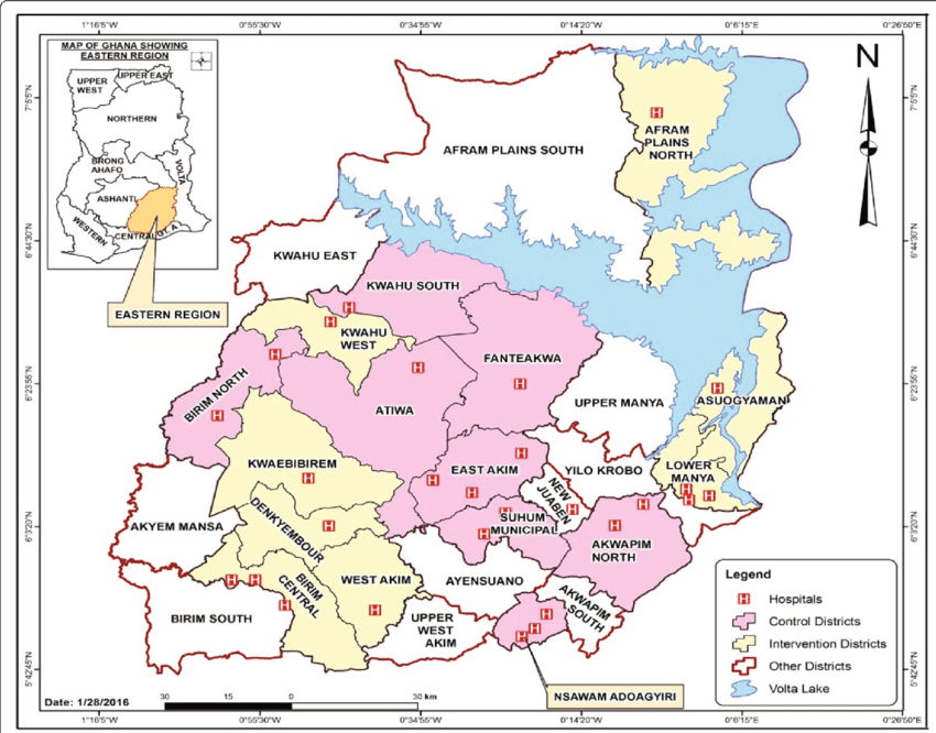 Map of districts in the Eastern Region of Ghana. The districts were