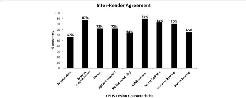 Inter-reader agreement. The rate of agreement between the two readers was calculated for each individual lesion characteristic, the Bosniak class designation (or solid designation) and the overall designation of malignant or benign based on Bosniak class (Bosniak I, II and IIF considered benign and Bosniak III, IV and solid considered malignant) 