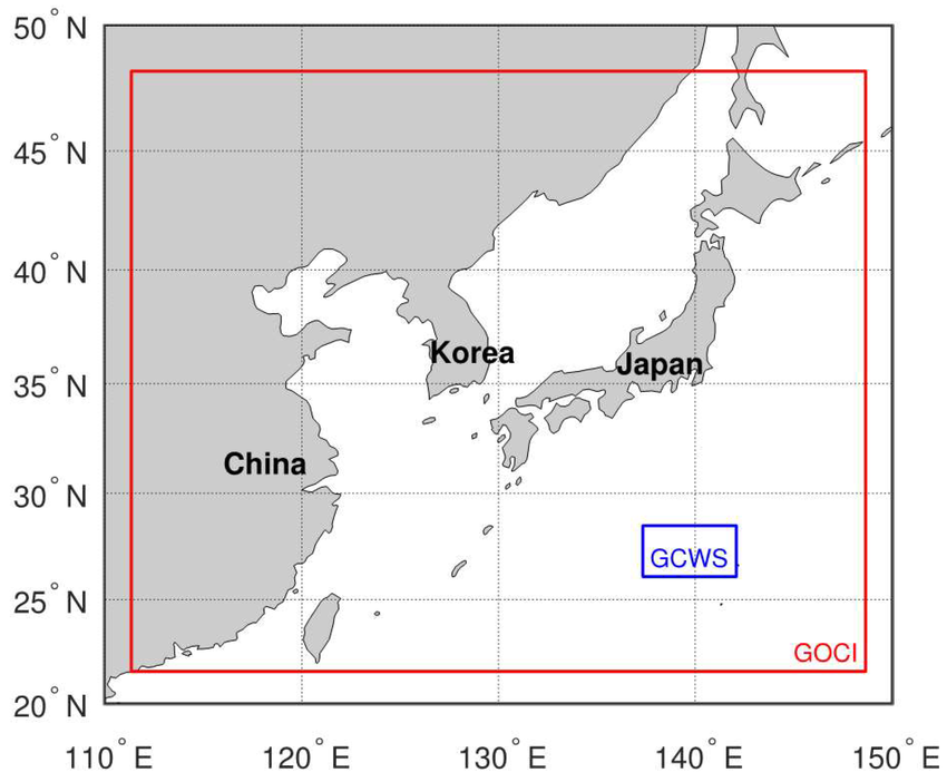 The study area (GCWS region; blue box) is located over oligotrophic waters to the south of Japan within the coverage area of GOCI (red box). The GCWS region covers 433 × 968 pixels, which is equivalent to 100,000 km².