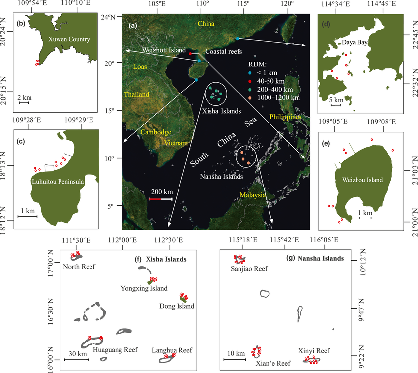 Maps of coral reefs investigated in the South China Sea. (a)