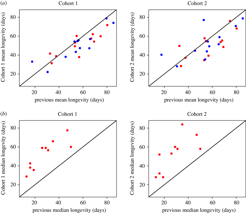 Comparison of mean longevities between previously published longevities in [26] (a) and [28] (b) with the current experiment. Data in (a) are from virgin males (blue) and females (red), while data in (b) are from mated females. Black line is the line of symmetry.