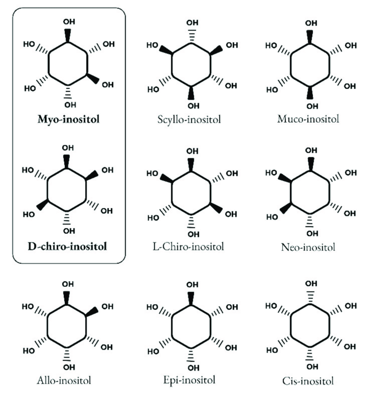Structure of nine isomers of inositol. Myo-inositol and