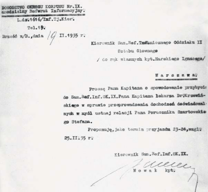 Order SRI DOK No. IX (Brześć) for performing "an injection weakening the will" of 19 February 1935 (AAN 842 Prok. Gen. sygn. 21/75, I, k. 272)