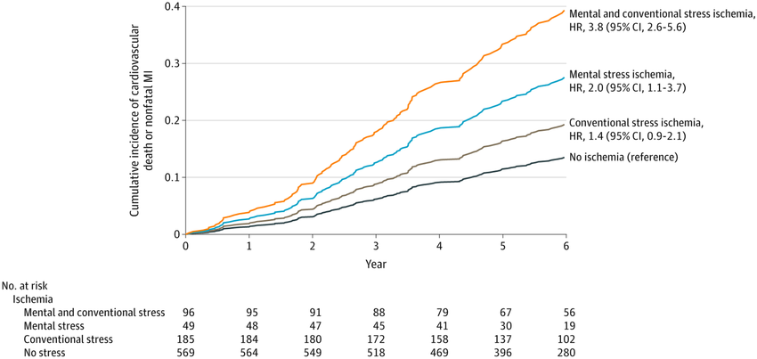 Mental stress-induced myocardial ischemia and events in coronary artery disease. MSIMI is associated with twofold increased events in patients with CAD compared to those with no ischemia, and almost a fourfold increased risk when combined with conventional stress ischemia. MI, myocardial infarction. (Figure reprinted with permission from JAMA. 2021. 326(18): 1818–28. Copyright© (2021) American Medical Association. All rights reserved)