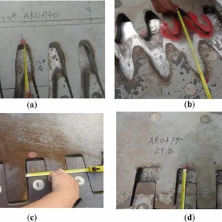 Disease of the expansion joints after the accident: (a) the expansion joint above pier 22 (over opening); (b) the expansion joint above pier 37 (over opening); (c) the expansion joint above pier 33 (insufficient opening); (d) the expansion joint above pier 25 (lateral extrusion).