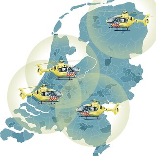 Fig. 3 Extracorporeal cardiopulmonary resuscitation performed by helicopter emergency medical services: geographical area covered in the Netherlands. The locations of the four helicopter teams in the Netherlands are indicated. The circles indicate the geographical area which can be reached within 20 min of flight time. Drawn by C.L. Meuwese